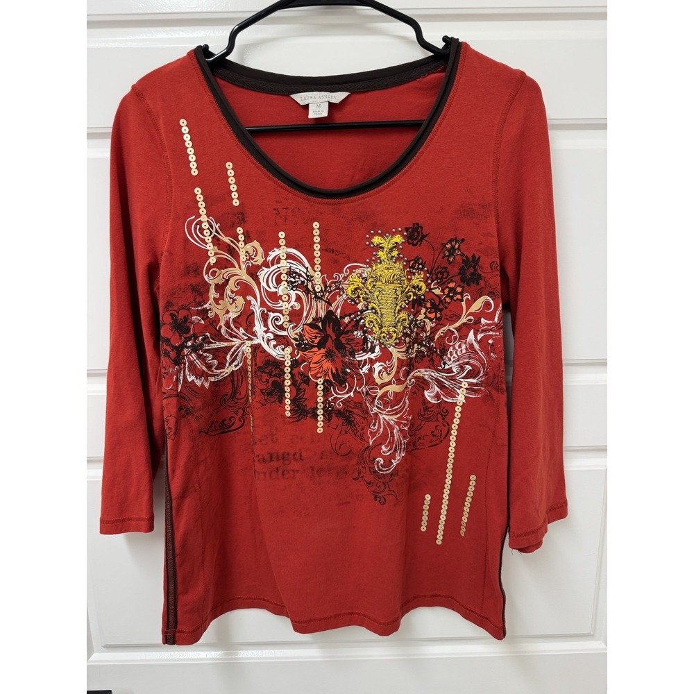 Laura Ashley Women Red Sequin Beaded Floral Long Sleeve Top Size M
